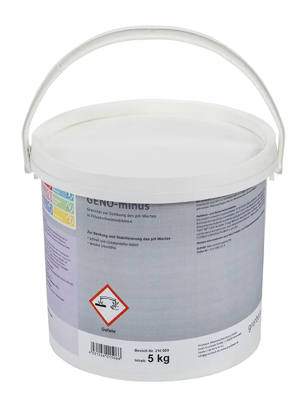 Eimer mit Granulat zur Senkung des pH-Werts in Schwimmbädern. Produkt von Grünbeck, gekennzeichnet mit Warnsymbol und Sicherheitsinformationen. Inhalt 5 kg.